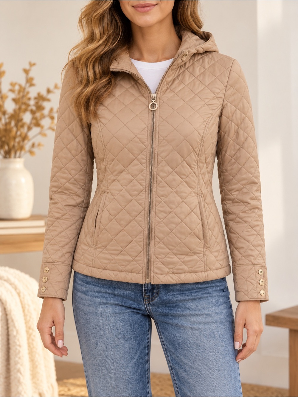 Calvin Klein XS Tan Diamond Quilted Hooded Lightweight Jacket